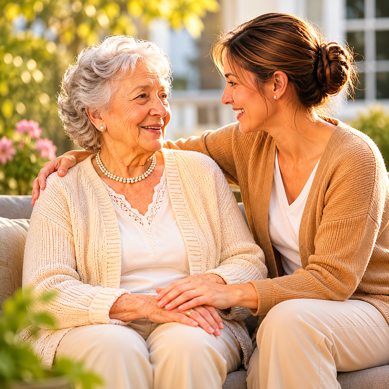 Caregiver supporting elderly woman