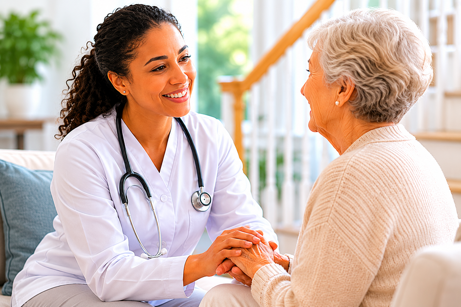 Caregiver talking with senior woman at home